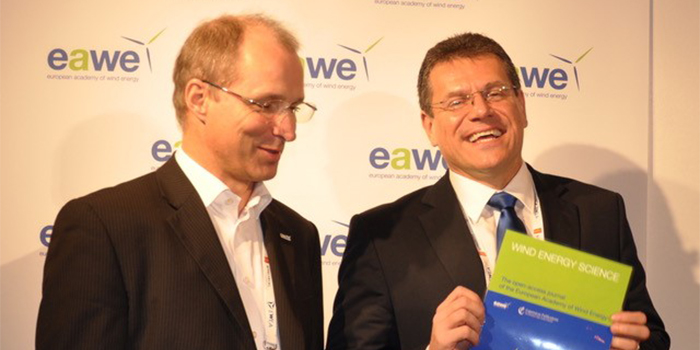 Editor-in-chief at Wind Energy Science, Jakob Mann, DTU Wind Energy (left), and Vice-President of the EU Commission, Maroš Šefčovič