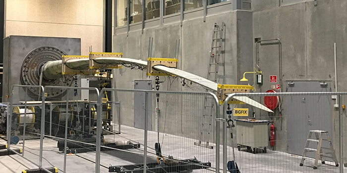 Picture of a wind turbine blade being tested in the Large Scale Facility
